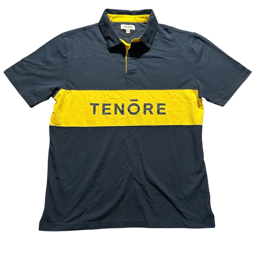 TENŌRE Polo Rugby Shirt Men Size M Blue Yellow Colorblock Logo Short Sleeve
